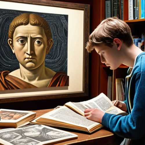 Home 11 **
A student intensely studying art history, surrounded by books and notes, with images of both ancient and modern art styles displayed on a nearby screen. The scene should convey focus and deep learning.
**