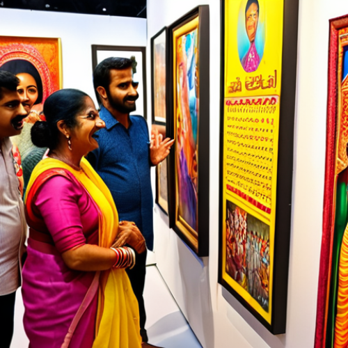 Home 6 A vibrant, colorful art exhibition scene. Focus on diverse attendees (various ages and backgrounds) engaging with artwork. Include Bengali script signage and decorations. Capture the energy and excitement of the opening night.