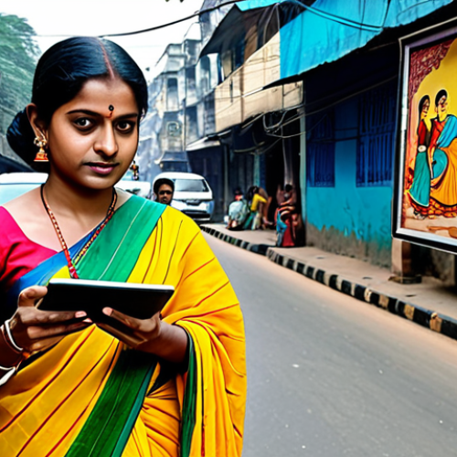**

"A vibrant digital marketing campaign promoting Bengali folk art, featuring a woman in a traditional sari, holding a tablet displaying colorful artwork, set against a backdrop of a bustling Kolkata street, fully clothed, appropriate attire, safe for work, perfect anatomy, natural proportions, professional, high quality"

**
