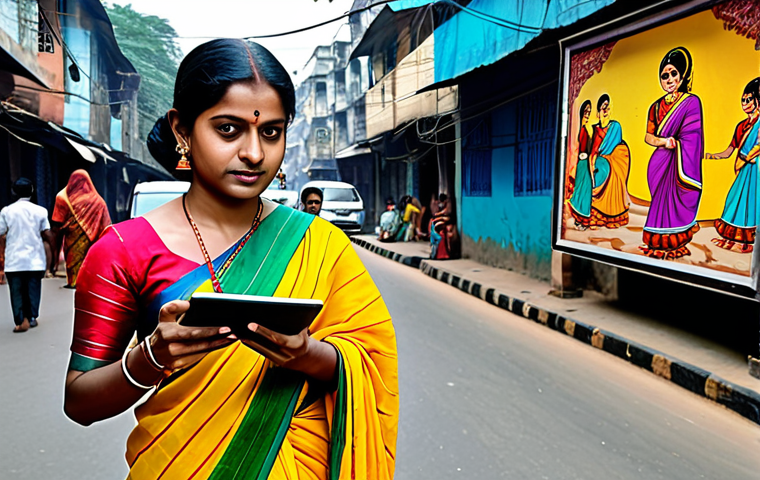 **

"A vibrant digital marketing campaign promoting Bengali folk art, featuring a woman in a traditional sari, holding a tablet displaying colorful artwork, set against a backdrop of a bustling Kolkata street, fully clothed, appropriate attire, safe for work, perfect anatomy, natural proportions, professional, high quality"

**