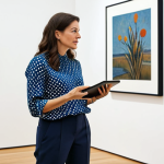 ** A professional art gallery curator, a woman in her late 30s, wearing a modest business casual outfit (blouse and slacks), standing in a modern art gallery filled with paintings, holding a tablet and gesturing towards a piece of art while speaking to a visitor. The gallery is well-lit and features diverse artwork. Safe for work, appropriate content, fully clothed, professional, perfect anatomy, natural proportions, well-formed hands, proper finger count, high resolution.

**
