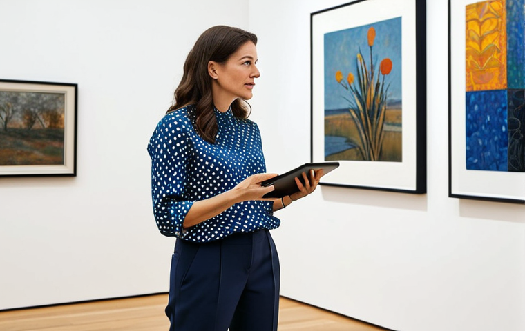 ** A professional art gallery curator, a woman in her late 30s, wearing a modest business casual outfit (blouse and slacks), standing in a modern art gallery filled with paintings, holding a tablet and gesturing towards a piece of art while speaking to a visitor. The gallery is well-lit and features diverse artwork. Safe for work, appropriate content, fully clothed, professional, perfect anatomy, natural proportions, well-formed hands, proper finger count, high resolution.
**