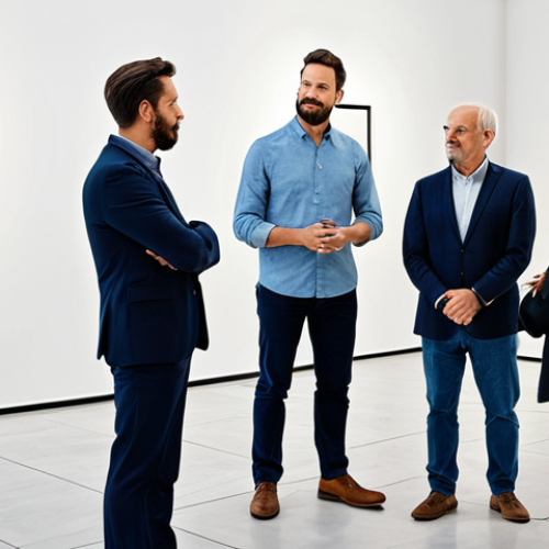 **

"A diverse group of art gallery professionals planning an exhibition, fully clothed, appropriate attire, in a modern, brightly lit gallery space surrounded by contemporary art. Professional, family-friendly, safe for work, perfect anatomy, natural proportions, well-formed hands."

**