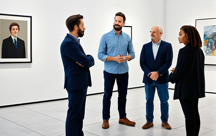 **
"A diverse group of art gallery professionals planning an exhibition, fully clothed, appropriate attire, in a modern, brightly lit gallery space surrounded by contemporary art. Professional, family-friendly, safe for work, perfect anatomy, natural proportions, well-formed hands."
**