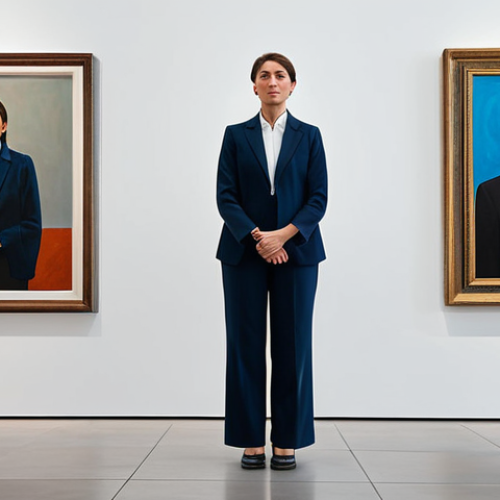 **

A professional woman in a modest business suit, standing in a modern art gallery, surrounded by contemporary paintings. Fully clothed, appropriate attire, safe for work, perfect anatomy, natural proportions, professional photography, high quality. The gallery is well-lit, with diverse visitors admiring the artwork. family-friendly.

**
