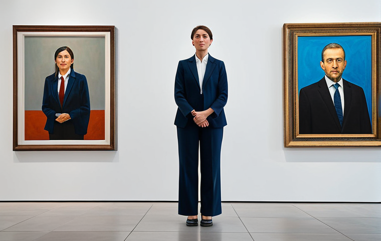 **
A professional woman in a modest business suit, standing in a modern art gallery, surrounded by contemporary paintings. Fully clothed, appropriate attire, safe for work, perfect anatomy, natural proportions, professional photography, high quality. The gallery is well-lit, with diverse visitors admiring the artwork. family-friendly.
**