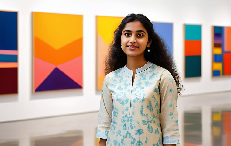 미술문화기획사의 해외 연수 프로그램 - **Prompt:** A young Bangladeshi female artist, wearing a stylish, modest contemporary kurti and comf...