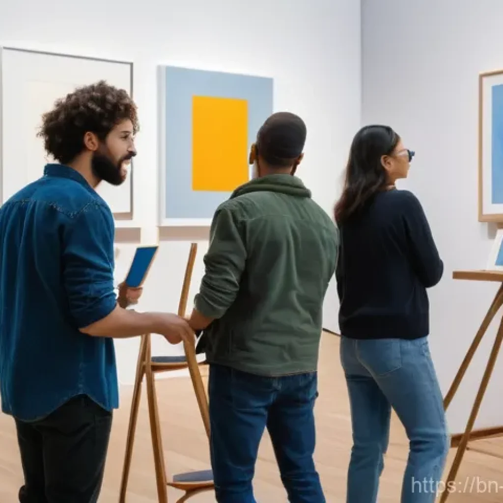 미술문화기획사의 직무 수행 경험담 - **Prompt:** A bustling, creative atmosphere in a modern art gallery during the setup of a new exhibi...