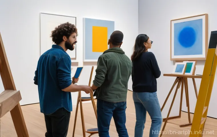 미술문화기획사의 직무 수행 경험담 - **Prompt:** A bustling, creative atmosphere in a modern art gallery during the setup of a new exhibi...