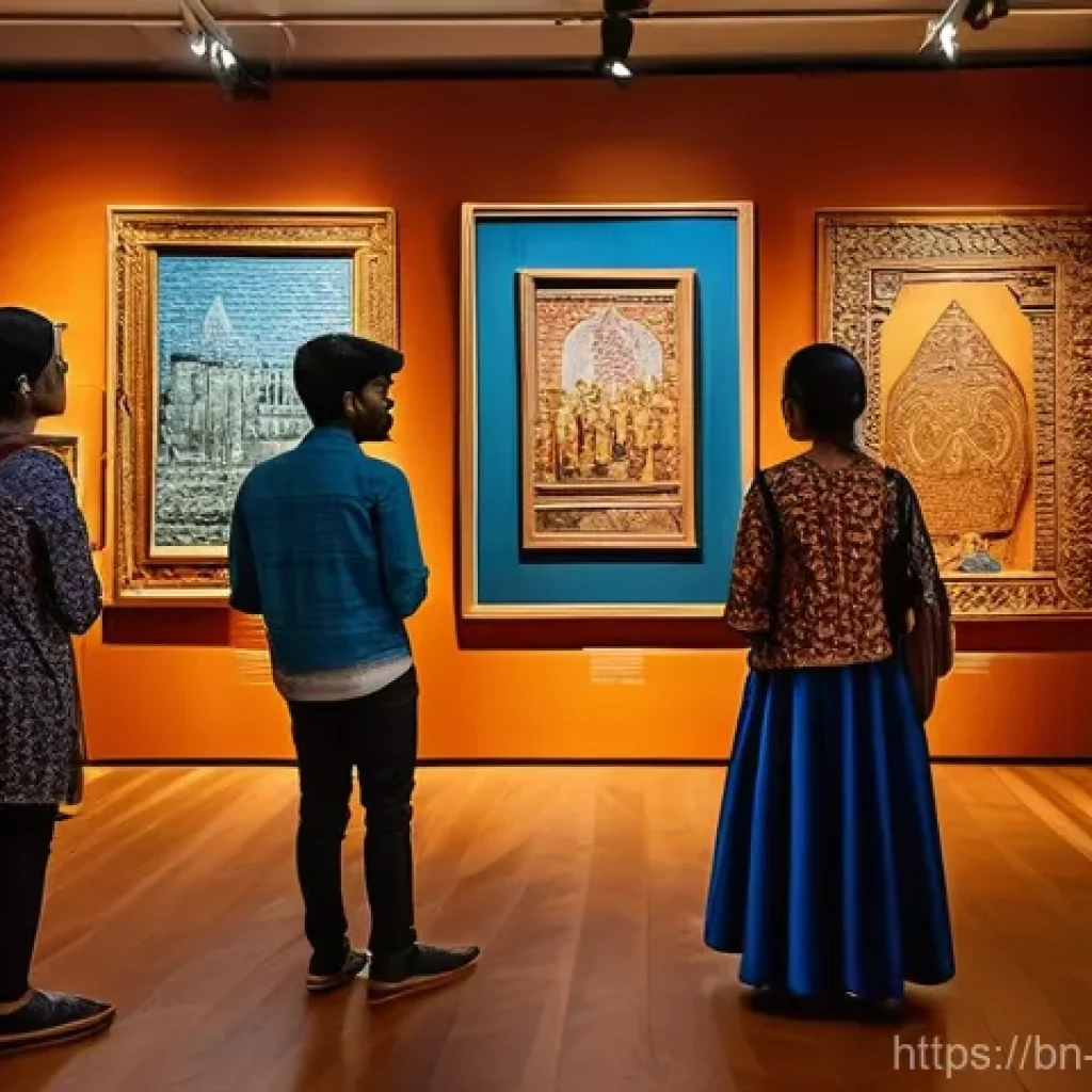미술문화기획사의 리더십 발휘 사례 - **Innovative Heritage Exhibition:** A vibrant and bustling art gallery scene featuring a diverse gro...