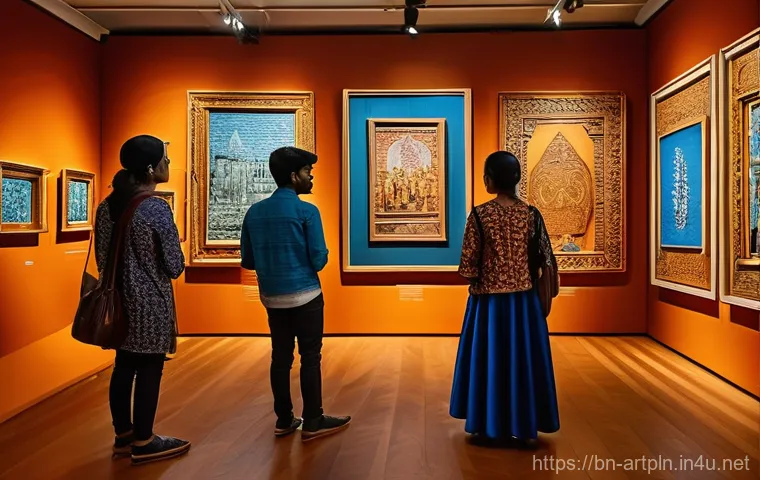 미술문화기획사의 리더십 발휘 사례 - **Innovative Heritage Exhibition:** A vibrant and bustling art gallery scene featuring a diverse gro...