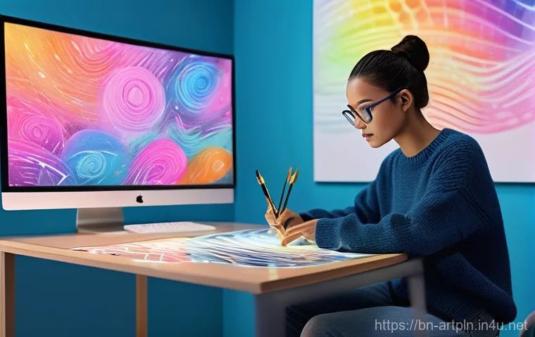 미술문화기획사 업계의 AI 활용 현황 - **Prompt:** A diverse artist, dressed in contemporary, comfortable clothing (such as a tasteful swea...