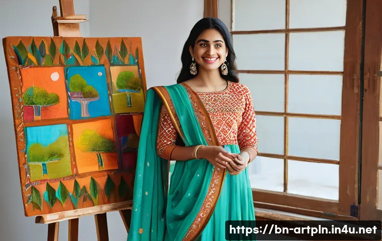 미술문화기획사의 직무 전문성 향상 전략 - **Prompt:** A vibrant, high-resolution, realistic image of a young South Asian female artist, in her...