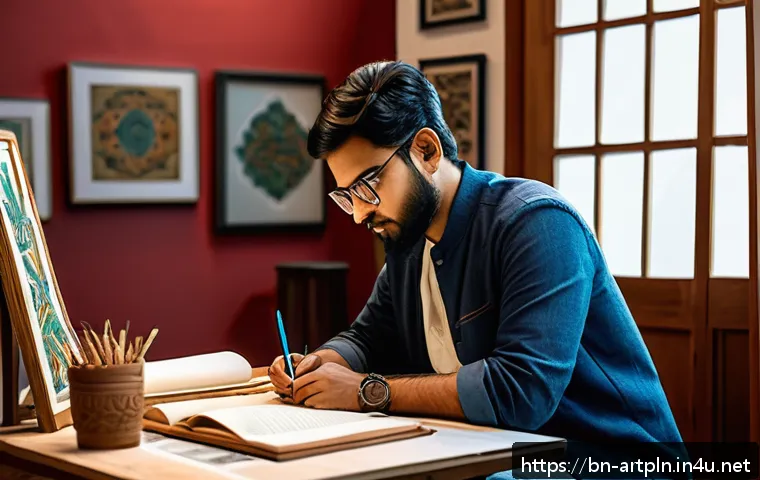 미술문화기획사의 포트폴리오 관리 노하우 - A vibrant, detailed digital art studio scene showcasing a Bengali artist actively updating and re-ev...