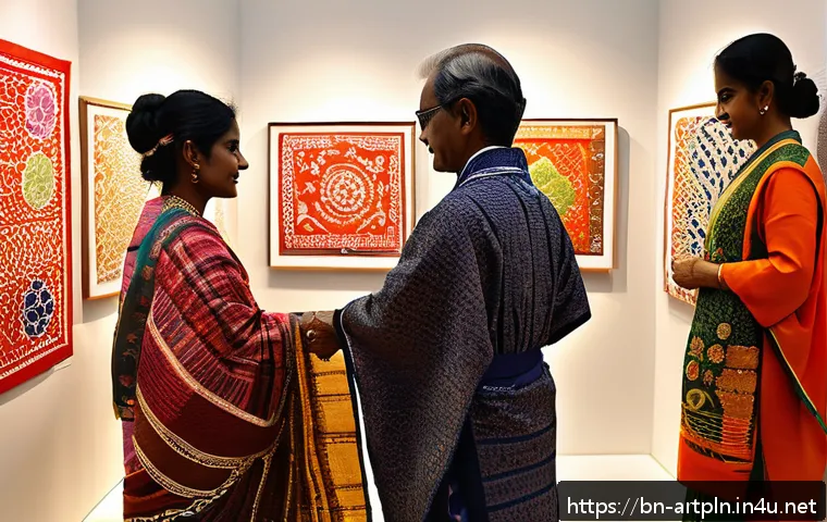 미술문화기획사와 국제 학술 교류 프로그램 - A vibrant international art festival scene showcasing a harmonious blend of Bangladeshi Nakshi Kanth...