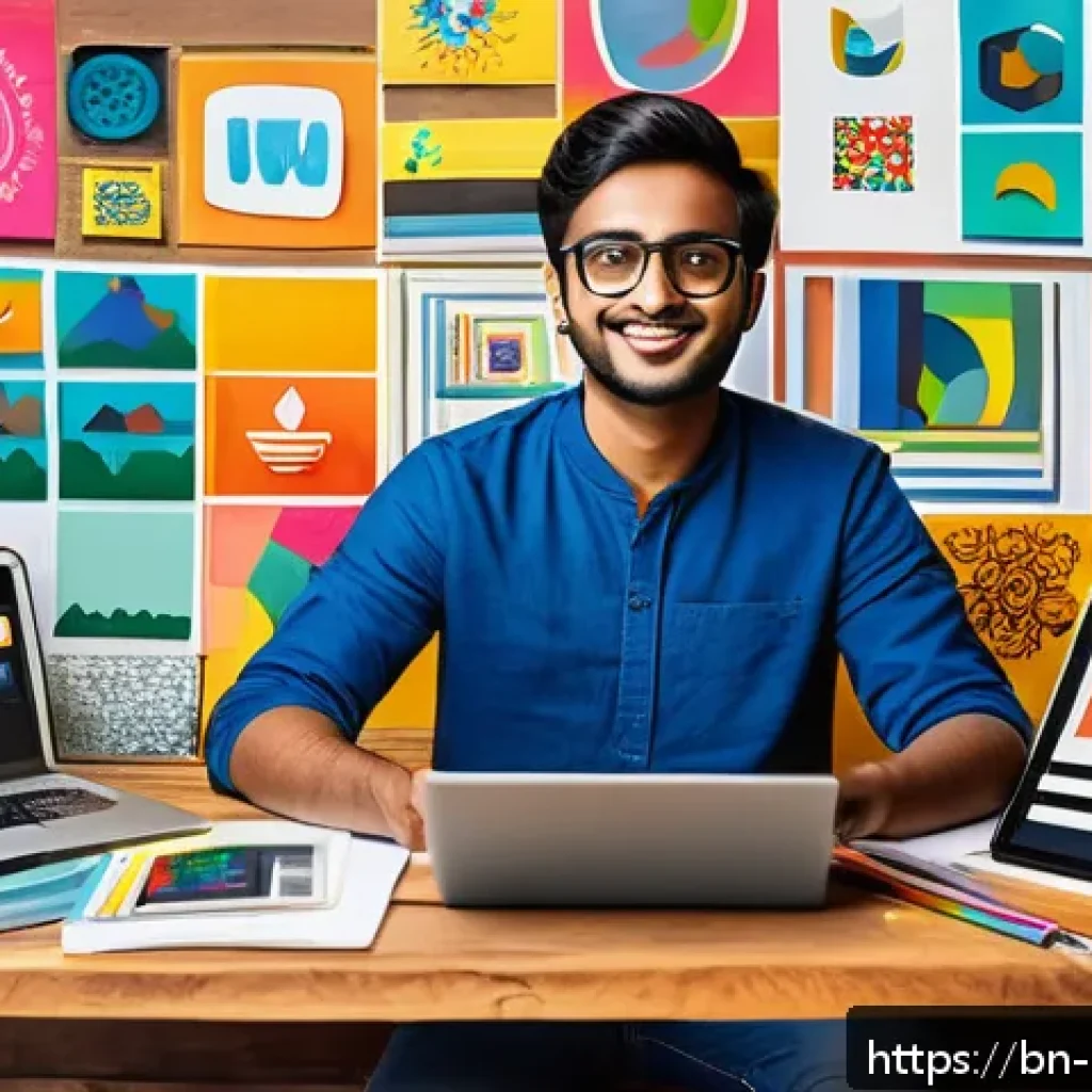 미술문화기획사로서의 창업 아이디어 - A vibrant modern digital art studio scene showcasing a young Bengali creative entrepreneur, wearing ...