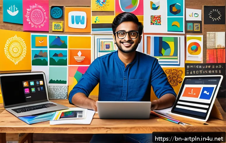미술문화기획사로서의 창업 아이디어 - A vibrant modern digital art studio scene showcasing a young Bengali creative entrepreneur, wearing ...
