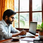 Home 21 미술문화기획사로서의 워라밸 유지 방법 - A bright and calm home office scene in a Bengali household, showing a creative professional sitting ...