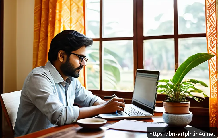 미술문화기획사로서의 워라밸 유지 방법 - A bright and calm home office scene in a Bengali household, showing a creative professional sitting ...