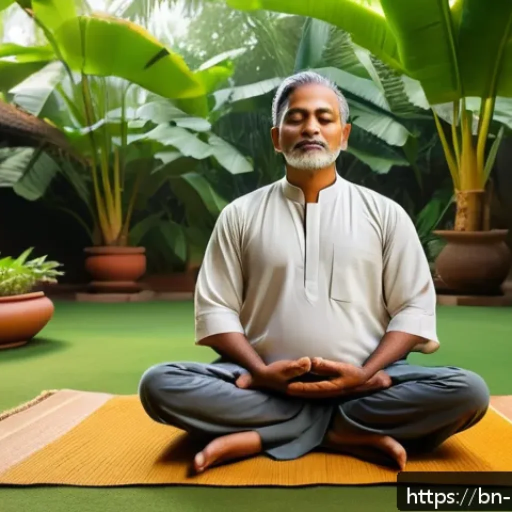 미술문화기획사의 일과 삶의 균형 유지 방법 - A serene morning scene featuring a Bengali man practicing meditation and deep breathing exercises in...