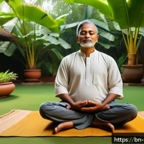 Home 32 미술문화기획사의 일과 삶의 균형 유지 방법 - A serene morning scene featuring a Bengali man practicing meditation and deep breathing exercises in...