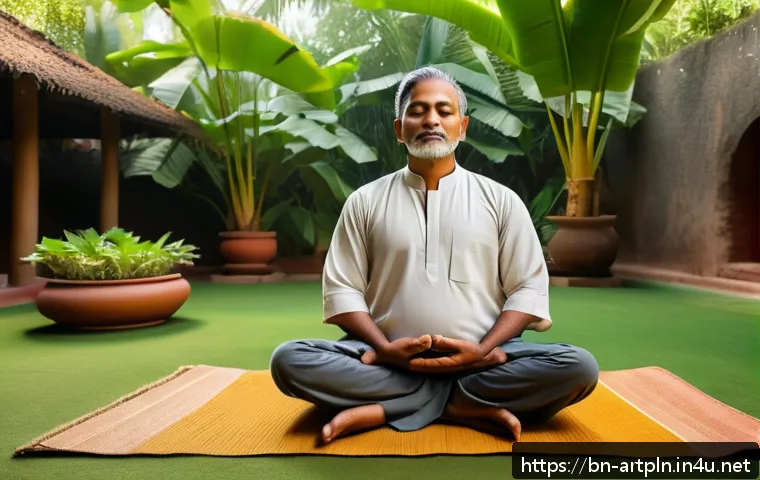 미술문화기획사의 일과 삶의 균형 유지 방법 - A serene morning scene featuring a Bengali man practicing meditation and deep breathing exercises in...